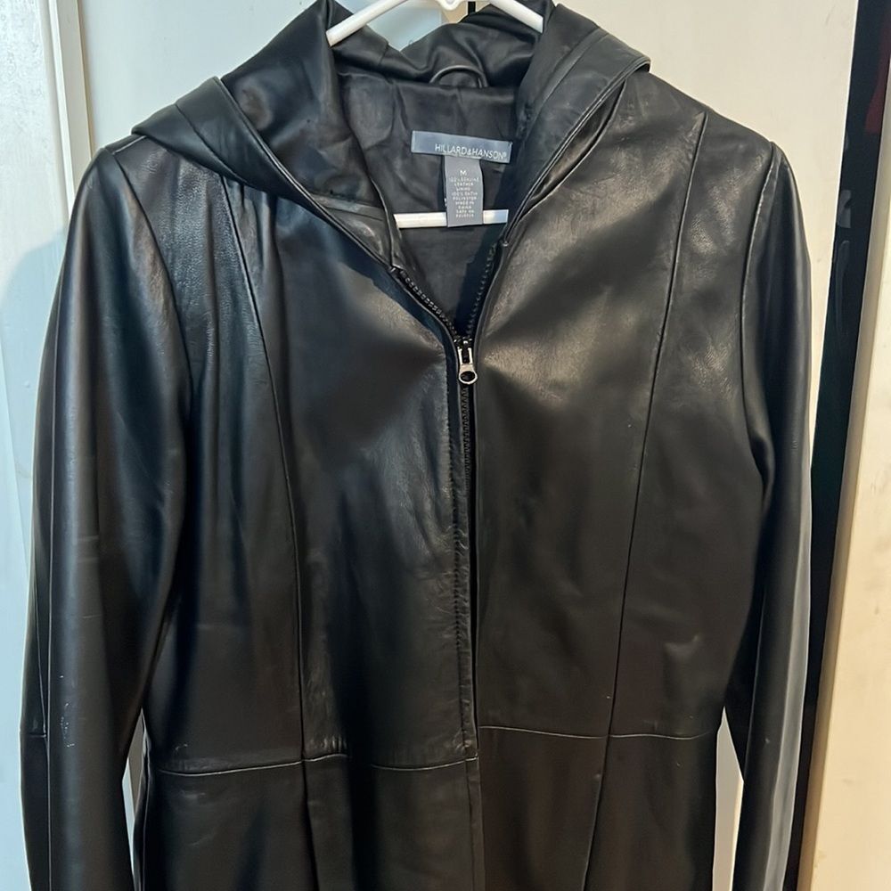 Hillard & Hanson Women's Black 100% Genuine Leather Zip Up Jacket Pockets Hood M - Picture 2 of 5